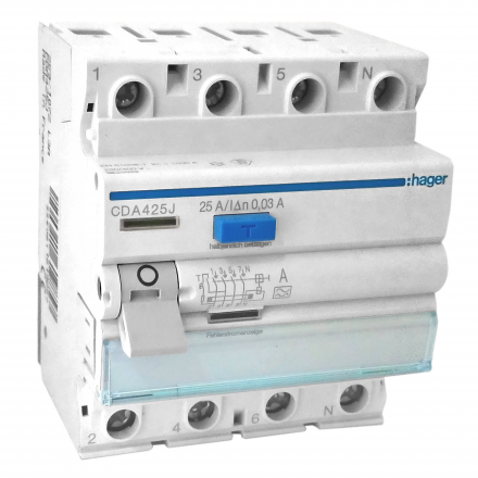 HAGER Wyłącznik różnicowoprądowy 4P 25A 0,03A typ A CDA425J