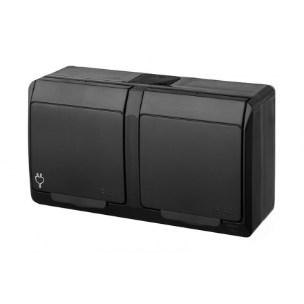 Elektro-Plast HERMES Gniazdo podwójne z klapką czarną Z/U natynkowe IP44 czarne 0322-09