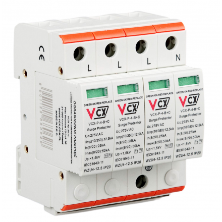 VCX Ogranicznik ochronnik przepięć 4P klasa B+C 12,5kA iskiernikowy