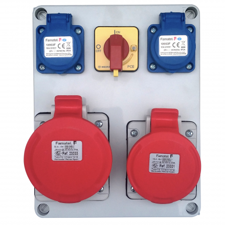 FAMATEL Rozdzielnica budowlana z wyłącznikiem O-I 5P 16A+32A/400V + 2x2p+Z 16A/250V IP54 3074.0026