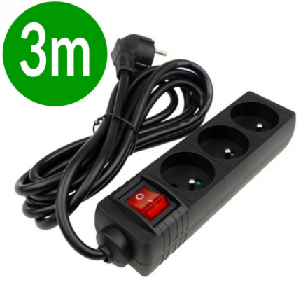 ECOLIGHT Przedłużacz 3-gniazdowy z wyłącznikiem z/u 16A 230V~ czarny 3m