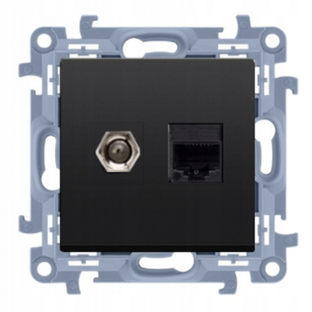 SIMON 10 Gniazdo antenowe typ F + gniazdo komputerowe RJ45 do ramki czarny mat CASFRJ455.01/49
