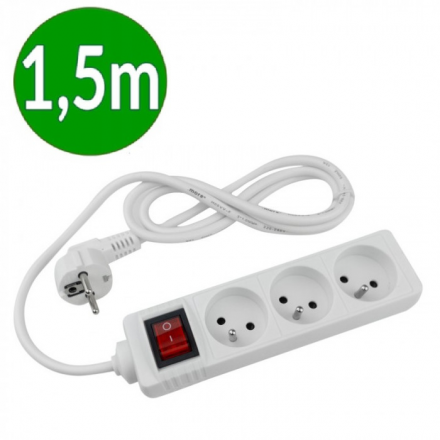 ECOLIGHT Przedłużacz 3-gniazdowy z wyłącznikiem z/u 13A 230V~ biały 1,5m