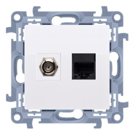 SIMON 10 Gniazdo antenowe typ F + gniazdo komputerowe RJ45 do ramki białe CASFRJ455.01/11